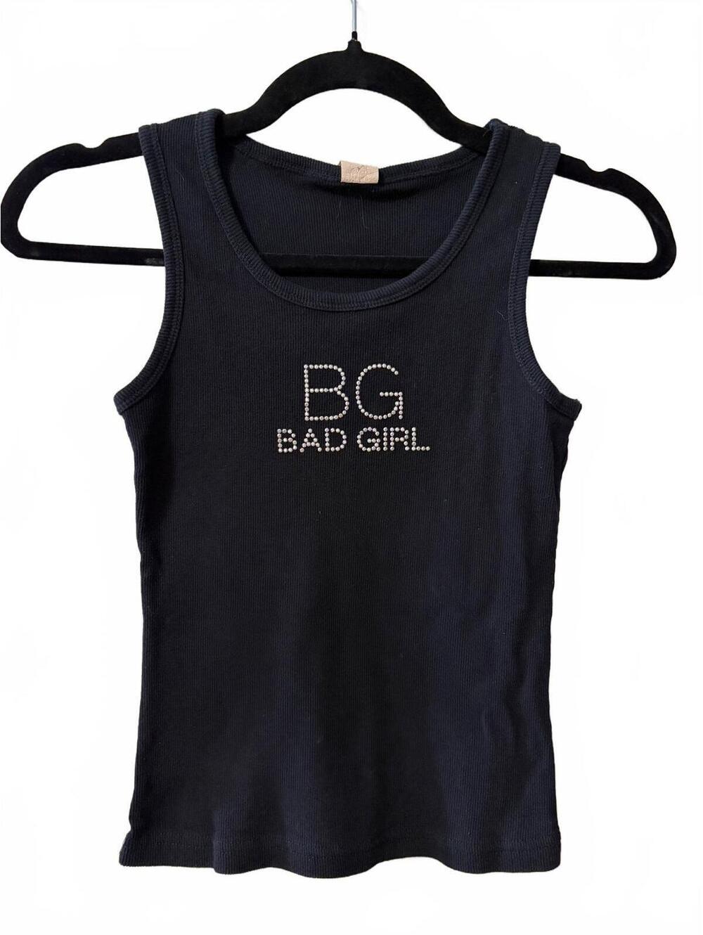 Vintage McBling BG Bad Girl Tank Top Size Large Black Ribbed Rhinestone Logo Y2K
